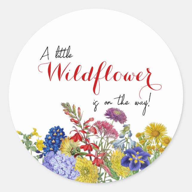 Wildflower in Bloom Whimsical Floral Baby Shower Classic Round Sticker (Front)