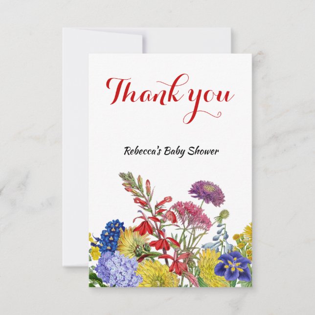 Wildflower in Bloom Whimsical Floral Baby Shower Thank You Card (Front)