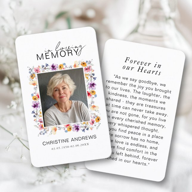 Wildflower "In Loving Memory" Photo Memorial  Business Card (Wildflower "In Loving Memory" Photo Memorial Funeral Card.)
