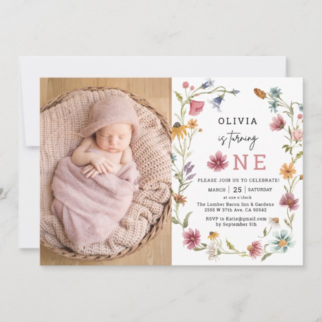 Wildflower Is Turing One 1st Birthday Photo Invitation (Front)