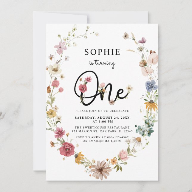 Wildflower Is Turning One 1st Birthday Girl Invitation (Front)