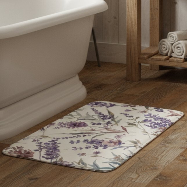 Wildflower Lavender Boho Botanical Floral Bath Mat (Creator Uploaded)