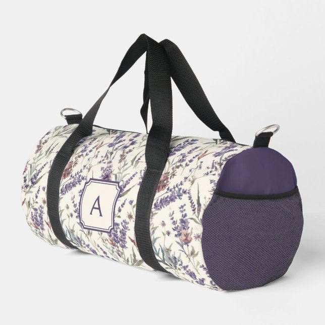 Wildflower Lavender Boho Botanical Floral Monogram Duffle Bag (Right Corner)