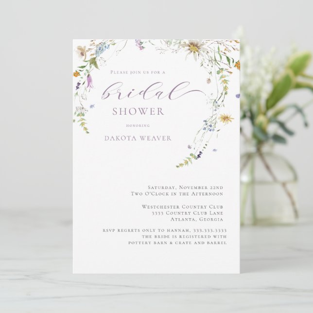  Wildflower Lavender Simple Floral Bridal Shower Invitation (Standing Front)
