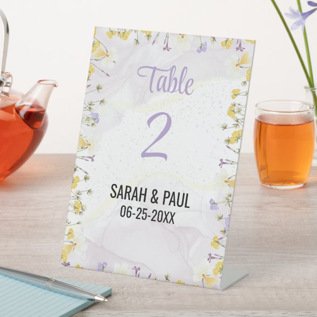 Wildflower Lavender & Yelow Wedding Table Number Pedestal Sign (In SItu)