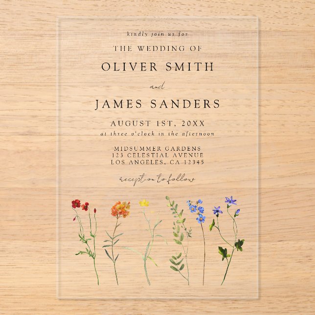 Wildflower LGBT Gay Pride Floral Wedding Acrylic Invitations (Front)