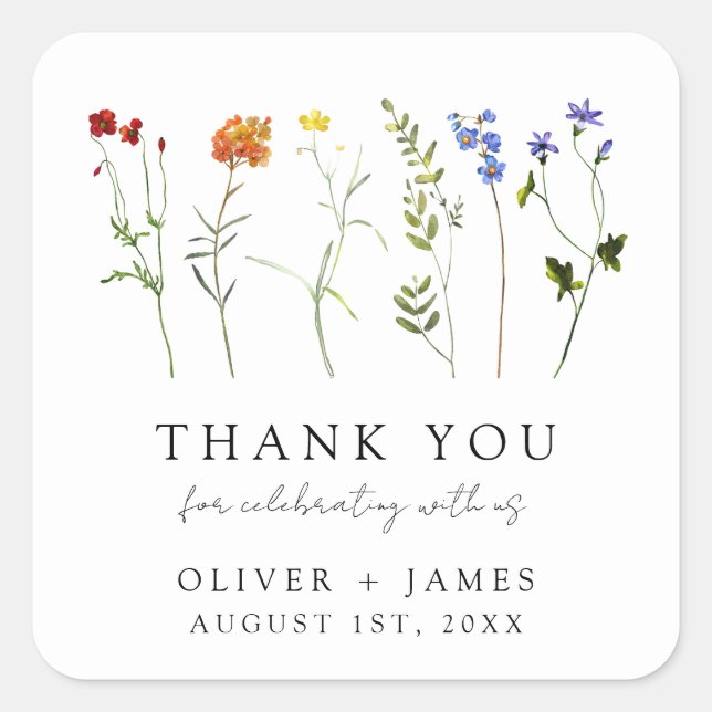 Wildflower LGBT Gay Pride Floral Wedding Thank You Square Sticker (Front)