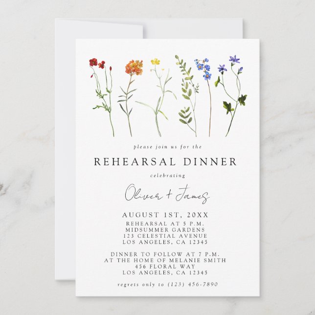 Wildflower LGBTQ Gay Pride Floral Rehearsal Dinner Invitation (Front)