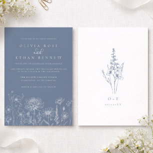 Wildflower Line Art Periwinkle Wedding Invitation