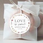 Wildflower Love Is Sweet Wedding Favours Classic Round Sticker<br><div class="desc">Wildflower Love Is Sweet Wedding Favour Stickers</div>