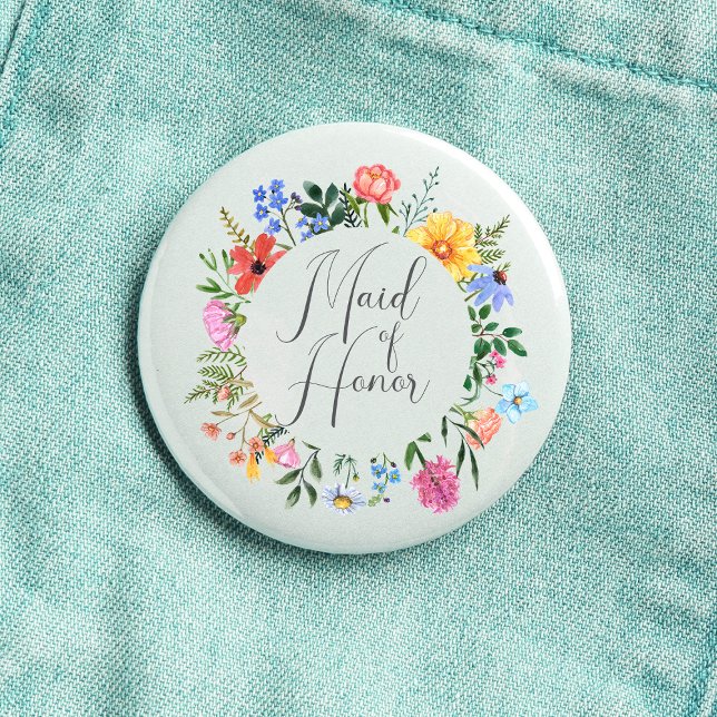 Wildflower Maid of Honour Script Wedding  3 Cm Round Badge (Maid of Honor Wildflower Watercolor Floral Wreath Wedding Button
)