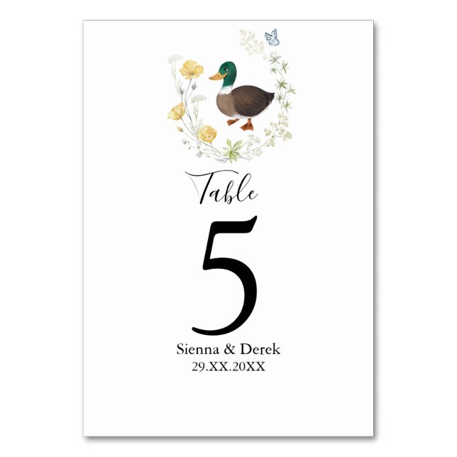 Wildflower Mallard Duck Wedding Table Number (Front)