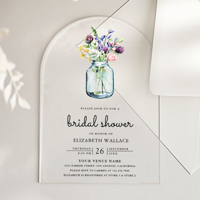 Wildflower Mason Jar Bridal Shower Acrylic Invitations (Creator Uploaded)