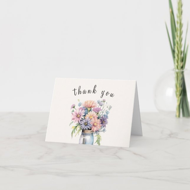 Wildflower Mason Jar Bridal Shower  Thank You Card (Front)