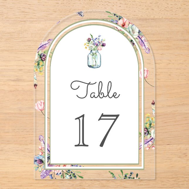Wildflower Mason Jar Wedding Acrylic Table Number (Front)