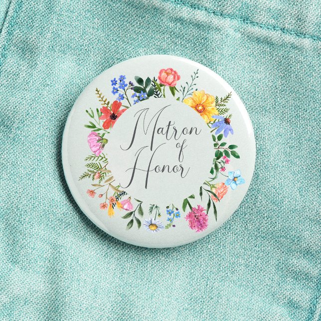Wildflower Matron of Honour Script Wedding  3 Cm Round Badge (Matron of Honor Wildflower Watercolor Floral Wreath Wedding Button
)
