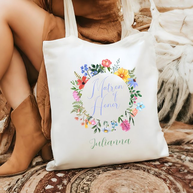 Wildflower Matron of Honour Script Wedding  Tote Bag (Matron of Honor Bridal Party Tote Bag with Wildflowers and customizable text and colors)