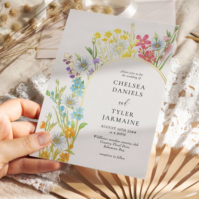 Wildflower Meadow Arch Elegant Floral Wedding Gold (Wildflower wedding invitation with Gold Foil accents and gold foil arch)
