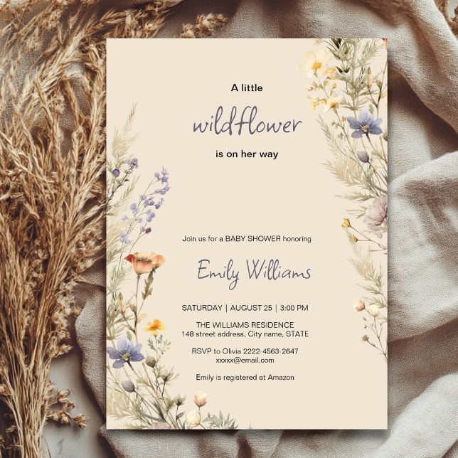 Wildflower meadow boho baby shower invitation  (A little wildflower elegant rustic boho watercolor baby shower invitation, baby in bloom)