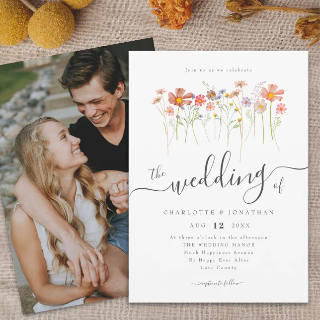 Wildflower Meadow Boho Elegant Script Photo Invitation | Zazzle