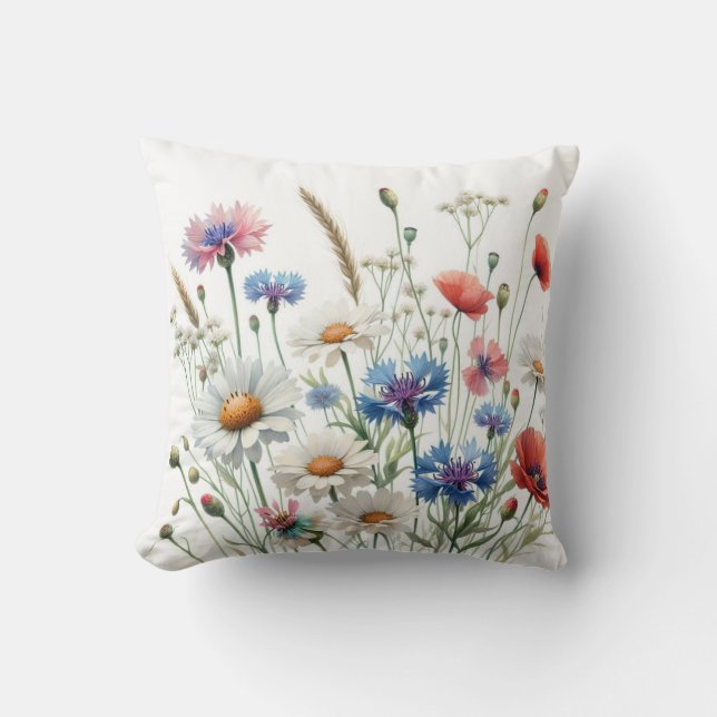 Wildflower Meadow Botanical Art Illustration Cushion (Front)