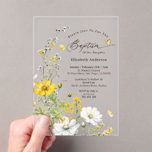 Wildflower Meadow Botanical Butterflies Baptism Acrylic Invitations
