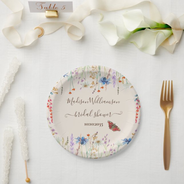Wildflower Meadow Butterfly Bridal Shower Paper Plate (Wedding)