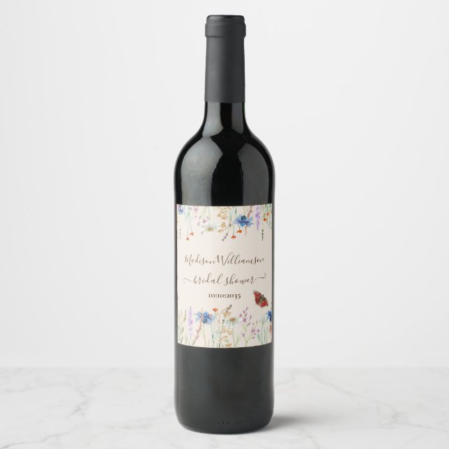 Wildflower Meadow Butterfly Bridal Shower  Wine Label (Front)