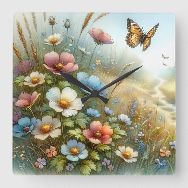 Wildflower Meadow Butterfly Garden Square Wall Clock (Front)