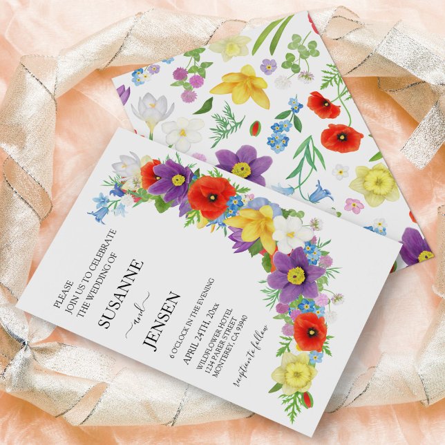 Wildflower Meadow Colourful White Spring Wedding  Invitation (Wildflower Meadow Colorful White Spring Wedding Invitation)