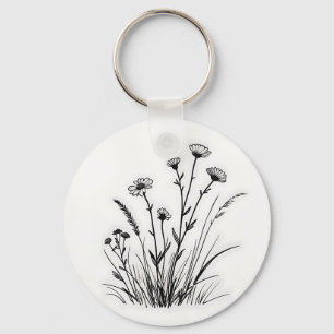 Wildflower Meadow Daisies Line Art Key Ring