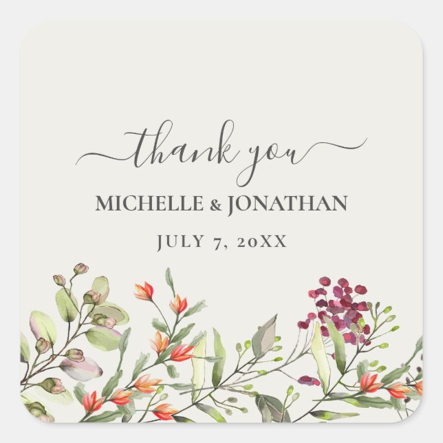 Wildflower Meadow Ecru Wedding Thank You Favours Square Sticker (Front)