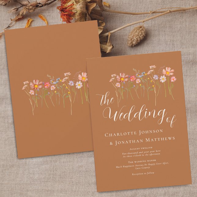 Wildflower Meadow Elegant Script Brown Sugar Fall Invitation (Wildflower meadow boho floral brown sugar beige fall Wedding invitation Elegant script watercolor)