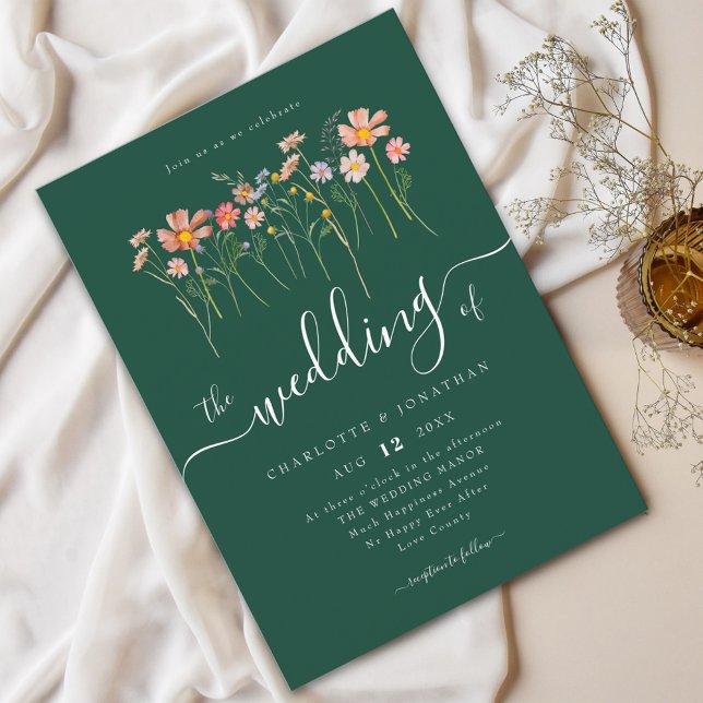 Wildflower Meadow Elegant Script Green Invitation (Wildflower meadow boho floral green fall Wedding Watercolor flowers fall colors elegant script)