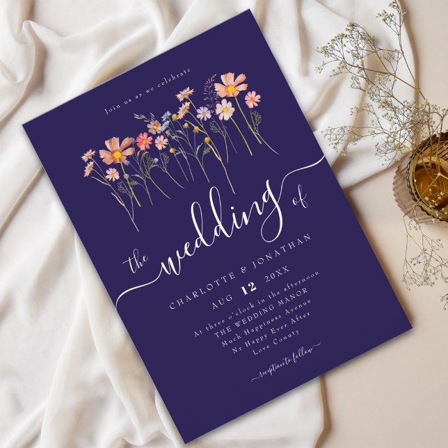 Wildflower Meadow Elegant Script Navy Blue & Blush Invitation (Wildflower meadow rustic boho floral navy blue blush pink wedding white elegant modern script)