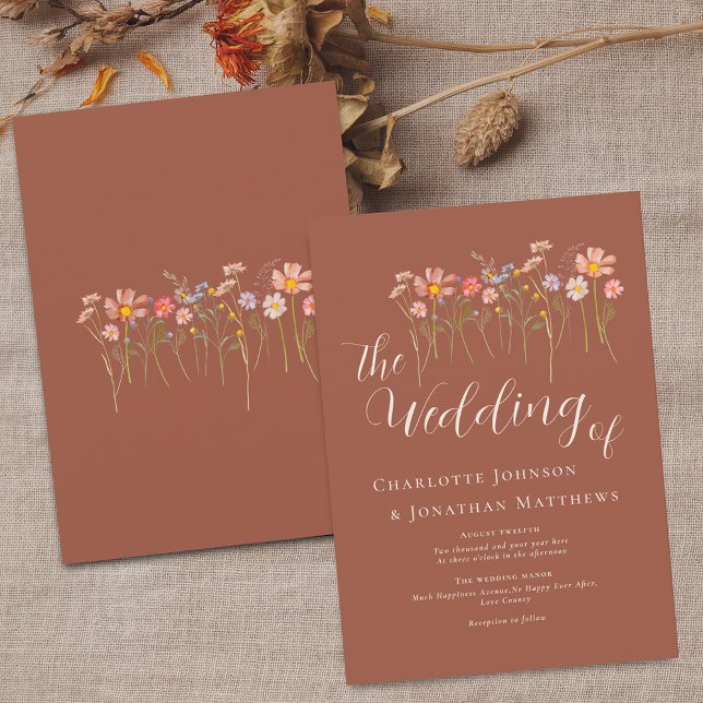 Wildflower Meadow Elegant Script Terracotta Beige Invitation (Wildflower meadow boho floral terracotta fall colors wedding invitation elegant script watercolor)