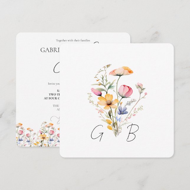 Wildflower Meadow Floral Monogram Square Wedding Invitation (Front/Back)