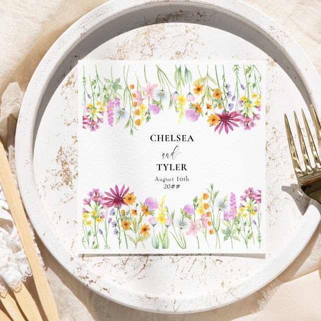 Wildflower Meadow Flower Border Wedding Napkin (A dreamy meadow of wildflowers frame the bride and grooms names)