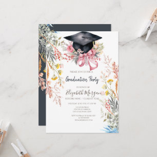 Wildflower Meadow Grad Cap Pink Bow Graduation Invitation