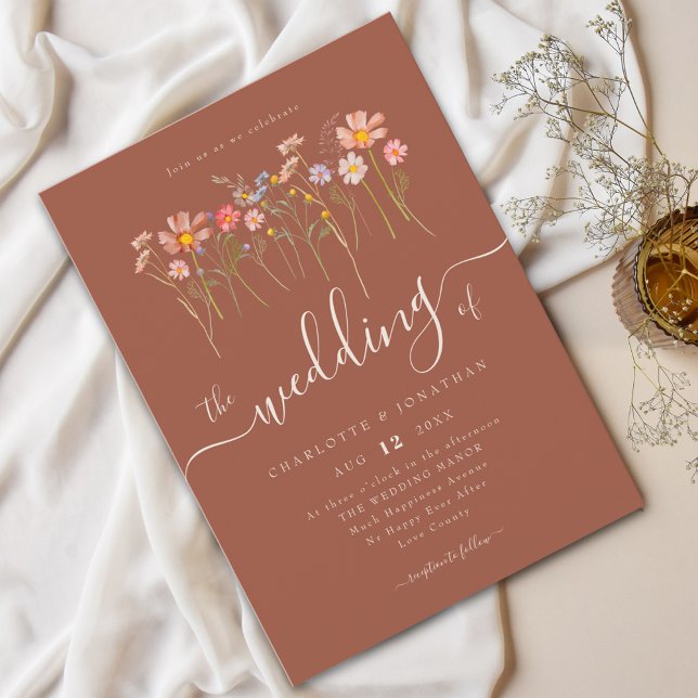 Wildflower Meadow Modern Script Terracotta & Beige Invitation (Wildflower meadow boho floral terracotta & beige Wedding Elegant modern script watercolor fall color)
