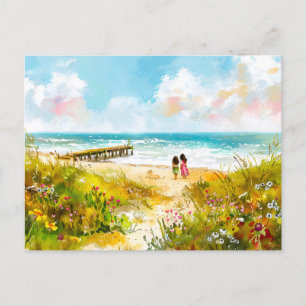 Wildflower meadow near beach with children waterco holiday postcard