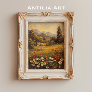 Wildflower Meadow Painting Mountain Landscape Poster