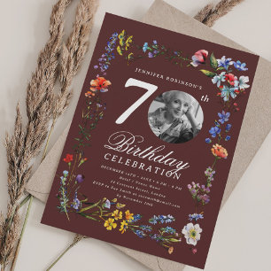 Wildflower Meadow Photo 70th Birthday Burgundy  Invitation