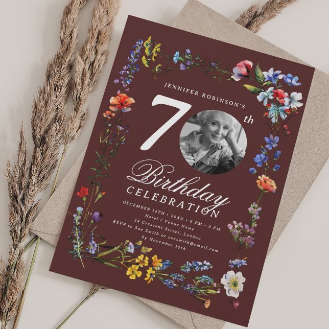 Wildflower Meadow Photo 70th Birthday Burgundy  Invitation (Wildflower Meadow Photo 70th Birthday Burgundy Invitation)