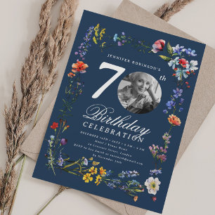 Wildflower Meadow Photo 70th Birthday Navy Blue  Invitation