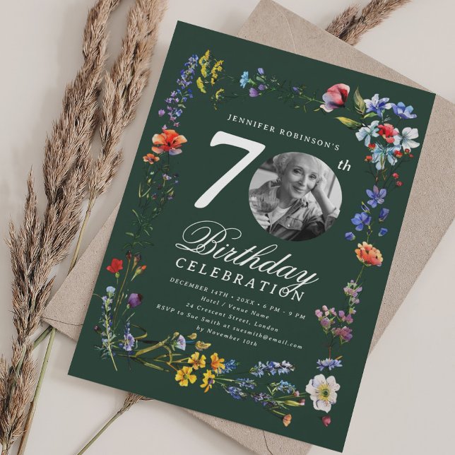 Wildflower Meadow Photo 70th Birthday Party Green  Invitation (Wildflower Meadow Photo 70th Birthday Party Green Invitation)