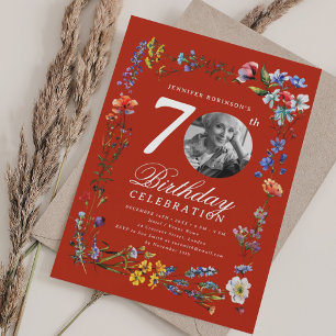 Wildflower Meadow Photo 70th Birthday Party Red  Invitation