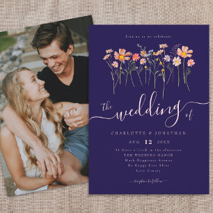 Wildflower Meadow Photo Navy Blue & Blush Pink  Invitation
