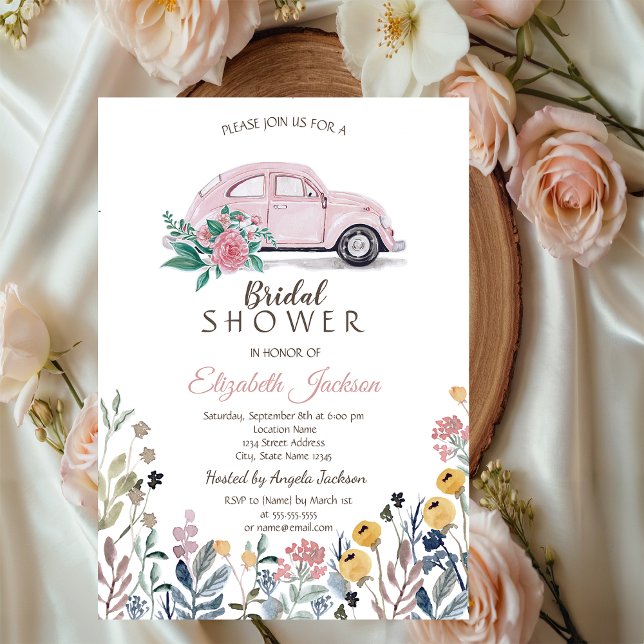  Wildflower Meadow Pink Car Bridal Shower   Invitation (Creator Uploaded)