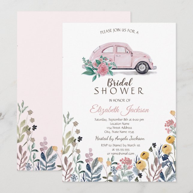  Wildflower Meadow Pink Car Bridal Shower   Invitation (Front/Back)